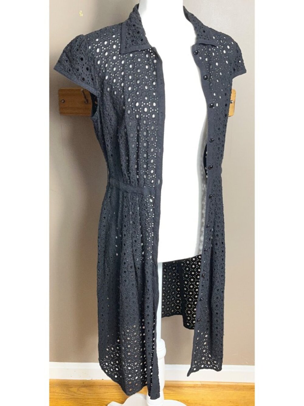 Black Eyelet Shirtdress Midi Button Up Embroider Dark Feminine Whimsigoth Wom 8 - Picture 8 of 11